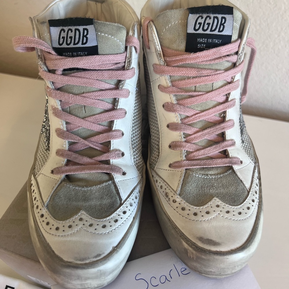 Golden Goose Midstars Neutral with sliver and pink laces Size 38